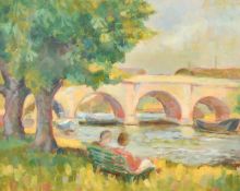 Lady Sonja Hope Morley, circa 1967, a couple seated on a bench by a river, oil on canvas, signed