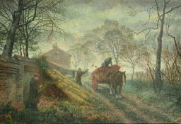 Mid-20th Century School, figures loading turnips in a horse and cart, oil on canvas, signed with