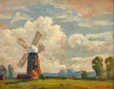 John Brown, (20th Century) A pair of landscapes, one with trees, the bother with a windmill, oil