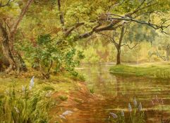 Eugene Rene His (1877-1960) French, 'Riviere Sous Bois', wildflowers by a meandering river, oil on