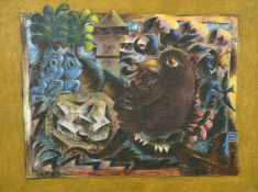 C.R.T. (20th Century) Graffiti style, a bird in a stylized landscape, oil on canvas, initialled