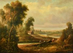 Patrick Nasmyth (1787-1831) British, a pair of oil on canvas scenes of a figure driving sheep on a