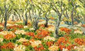 20th Century Continental School, wildflowers by a river, oil on board, 12