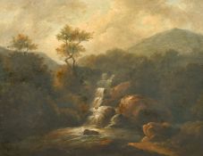 Circle of W.W. Gill, A waterfall and pool in a mountain landscape, oil on canvas, 12