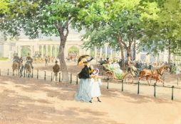 Edouard Rischgitz (1828-1909) Swiss/British, elegant figures at Hyde Park Corner, watercolour,