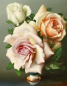 Irene Klestova (1909-1989), a still life of white and pink roses with dew drops, oil on board,