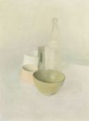 Modern British School, a still life of bottle and bowls, oil on canvas, 18