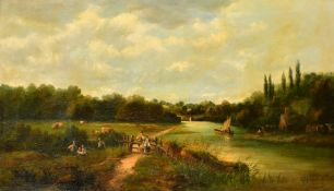 Edward Charles Williams (1807-1881) British, figures gathered by the riverside with a sailboat