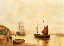Bernard Benedict Hemy (1845-1913) British, fishing boat leaving port with figures conversing on a