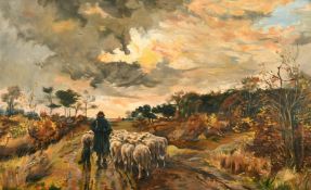 M. Odell, 20th Century, a shepherd and flock on a country path at dusk, oil on board, 9.75