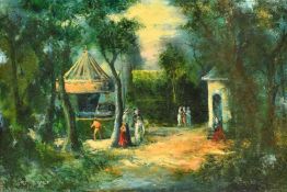 R.J. Bizet, 20th Century French School, figures around a carousel, oil on canvas, signed, 21.25