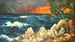 Bernard, 20th Century French School, waves breaking over rocks at dusk, oil on canvas, signed, 27.5