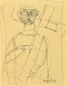 Jamini Roy (1887-1972) Indian, a sketch of a male figure holding an item, ink, signed, 8.25
