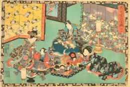 Kunisada, Two 19th Century Japanese woodblocks, figures in leisurely pursuits, various seals and