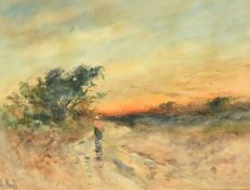 Henry Woods, A woman on a country track at sunset, watercolour, signed, 10