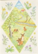 Ella Bruce (20th Century) A group of rabbits in Springtime and wildflowers, watercolour, signed in
