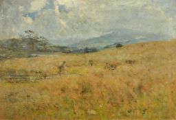Joshua Anderson Hague (1850-1916) British, worker in a field with hill views beyond, oil on