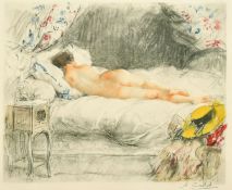 Antoine Calbet, A nude lady lying on top of a bed, coloured engraving, signed in pencil, 10.75