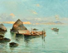 Oscar Ricciardi (1864-1935) Italian, figures in fishing boats in the bay of Naples, oil on panel,