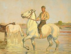Continental School (20th Century) a boy on a horse with others drinking in a stream, watercolour and