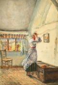 Early 20th Century, A lady trying on a hat in medieval interior, watercolour, inscription verso,