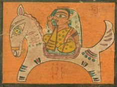 Jamini Roy (1887-1972) Indian, a female figure on horseback, tempera on board, signed, 12
