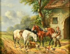 20th Century, feeding the horses, oil on panel, 8