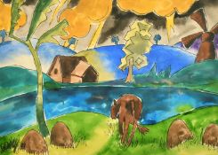 A river scene with a horse, house and windmill, watercolour, indistinctly signed and inscribed