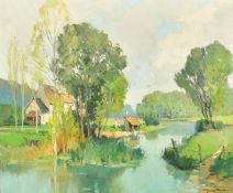 Georges Robin (1903-2003) French, 'Sur le Thouaret', figures by a river, oil on canvas, signed,