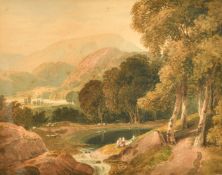 Circle of John Varley, A group of figures resting by a lake with mountains in the distance,