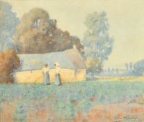 Charles Horsley, circa 1909, female figures in a field, watercolour, signed and dated, 10.25