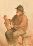 Fred McNamara Evans (1859-1929) British, an elderly gentleman adjusting a lamp, watercolour, signed,