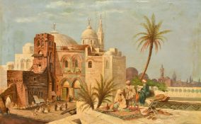 19th Century, figures seated on a terrace in an Eastern city, oil on canvas, signed with the initial