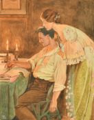 American School circa 1908, A couple in a candlelit interior, watercolour, signed with initials