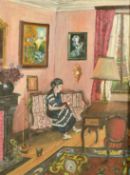 20th Century French School, female figure in a colourful interior, oil on board, 26.5