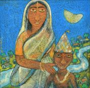 Indian School (20th Century), a mother and child in a moonlit river landscape, pastel,