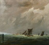 Frank Lewis Emanuel (1865-1948) A coastal seascape with sailing boats and a steam ship with grey