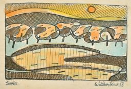 William Black (20th Century), 'Sunrise' Trees in a landscape, watercolour, signed dated 1968 and