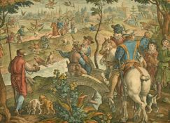 Stradanus, A hawking party, hand-coloured engraving, 7