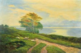Circle of Henry William Banks Davis, Sheep on a coastal path, oil on board, inscribed 'sketch',