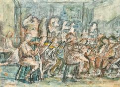Helen Grunwald (1925-1988), figures and singers in an orchestra, mixed media on board, 9