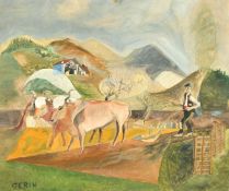 Gerin, 20th Century, A farmer and oxen ploughing a field in a stylised landscape, oil on canvas, 18