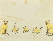 Watercolour study of Siamese cats and kittens on linen, 11