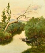 Da la Rosa (late 19th Century) A man seated in a punt on a quiet stream, oil on canvas, signed, 10.
