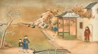 19th Century Chinese Export School, a pair of watercolour scenes of figures by the water's edge, one