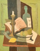 Mid-20th Century, a cubist style still life study of items on a tabletop, oil on canvas, 18