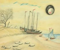 Mid-20th Century, Sailing boats on a beach, watercolour and gouache, initialled F.R, 9.5