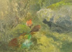 Mosse Stoopendaal (20th Century) Swedish, two Robins on a rocky outcrop, oil on canvas, signed and