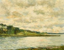 John Falconar Slater (1857-1937) An extensive river landscape with a cloudy sky, oil on board,