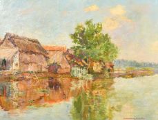 Maaike Adriana Barthelemy-Kronenberg (1886-1970) A flooded farm, oil on canvas, signed, 19.75